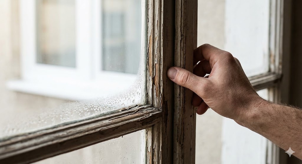 Close-up of a hand tracing a worn, weathered wooden single-pane window frame with condensation.